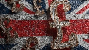 Weathered metallic pound sterling symbols scattered across a textured Union Jack flag background.