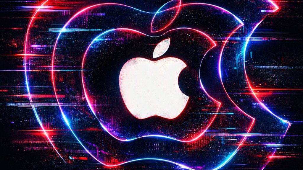 Glowing white Apple logo surrounded by neon pink, blue and red concentric outlines and glitchy digital streaks.