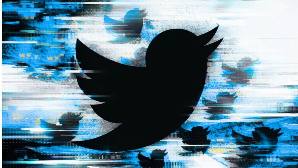Large black Twitter bird silhouette against a glitchy blue background with smaller faded birds and scan lines