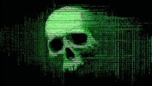 Green glitchy skull composed of horizontal scanlines and matrix-style code against a black background.