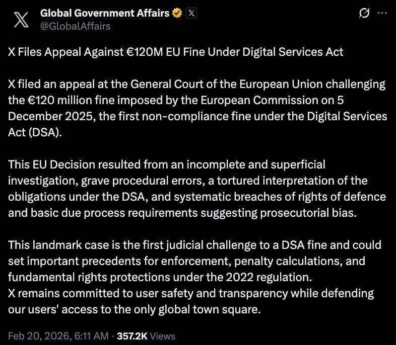 Verified Global Government Affairs post announcing X's appeal of a €120M EU Digital Services Act fine, Feb 20, 2026.