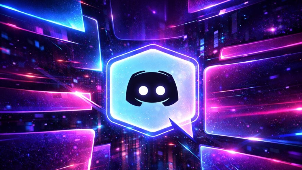 Discord logo inside a glowing chat-bubble hexagon on a neon purple-blue cyberpunk background with streaking lights.