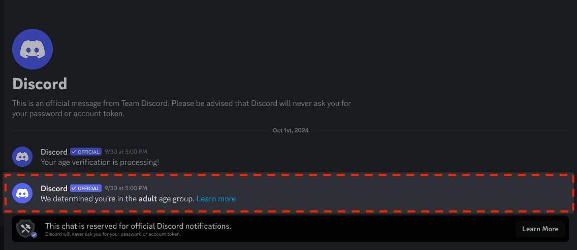 Discord notification panel with dashed red box around message reading 'We determined you're in the adult age group'.