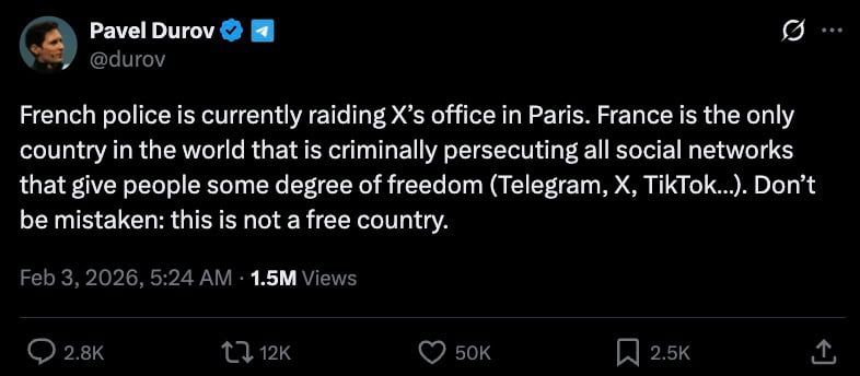 Verified social post saying French police are raiding X's Paris office and accusing France of persecuting social networks.