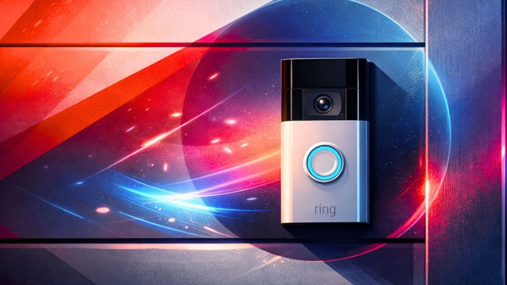 Ring video doorbell with black camera and glowing blue button on colorful abstract panel with red and blue light streaks