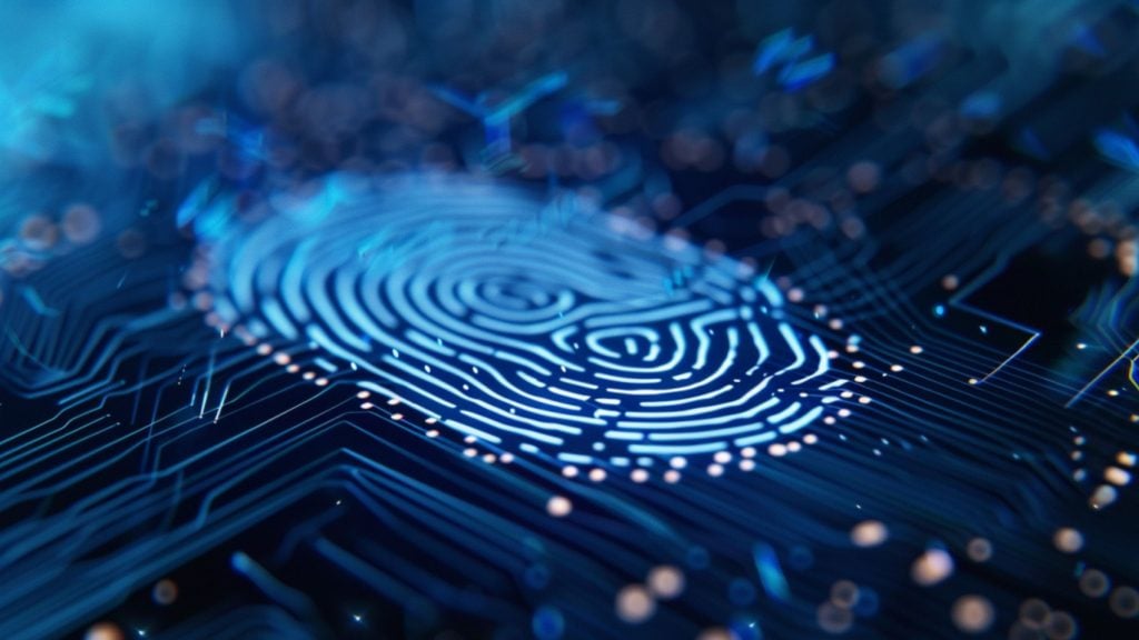 Glowing blue fingerprint pattern integrated into a circuit-board background, symbolizing biometric security.