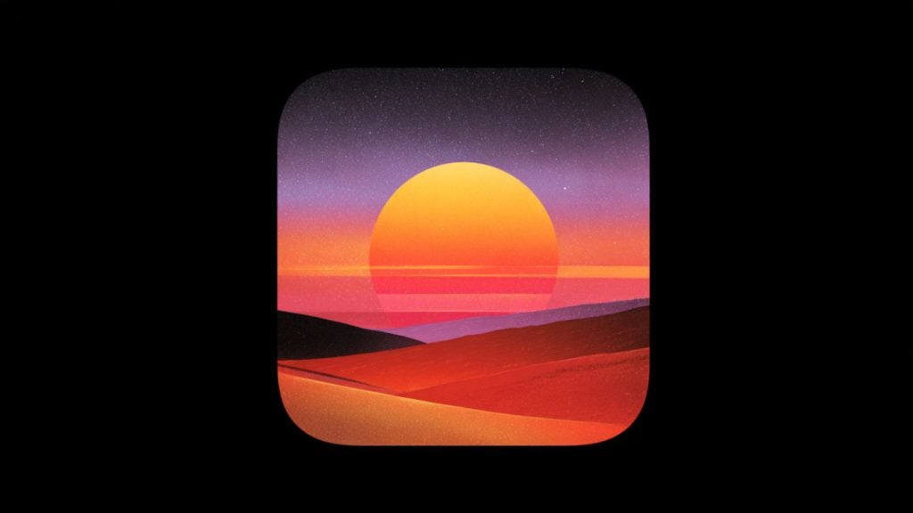 Rounded-square icon showing a large yellow sun setting over layered red-orange dunes beneath a purple-to-orange gradient sky