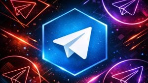 White paper airplane icon centered in a glowing blue hexagon on a neon space-like background with red and purple streaks.