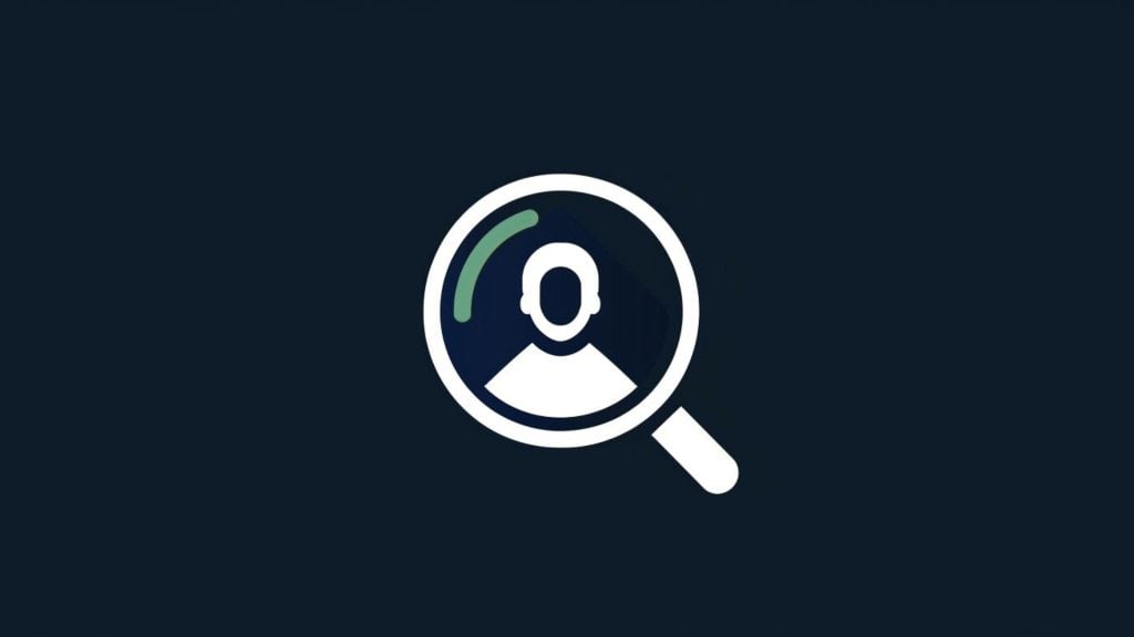 Magnifying glass over a generic user avatar silhouette inside a circular icon with a small green accent arc on a dark blue background.