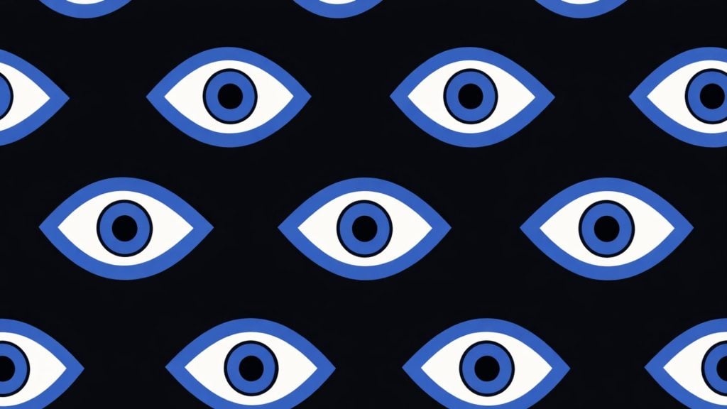 Repeating pattern of stylized blue-and-white eye shapes with concentric pupils on a black background.