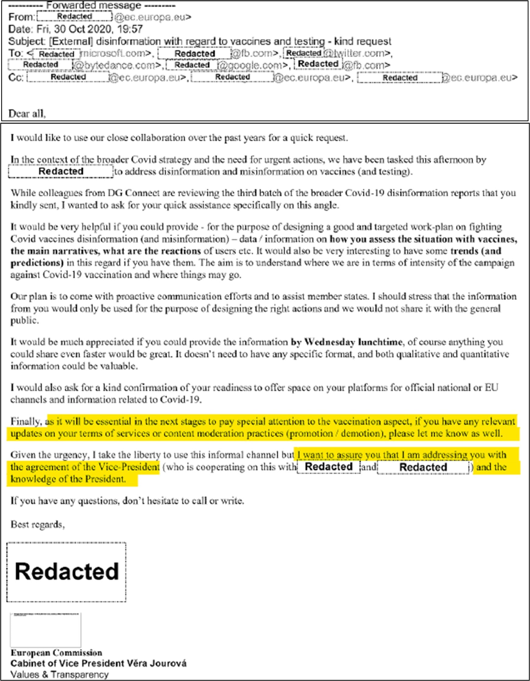 Forwarded email about COVID-19 vaccine disinformation with many redactions, two yellow highlights, and redacted EU signature.