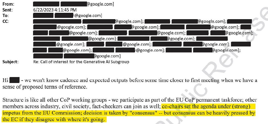 Redacted email about "Re: Call of interest for the Generative AI Subgroup" with a highlighted line saying co-chairs set the agenda under EU Commission pressure and consensus may be pressed by the EC.