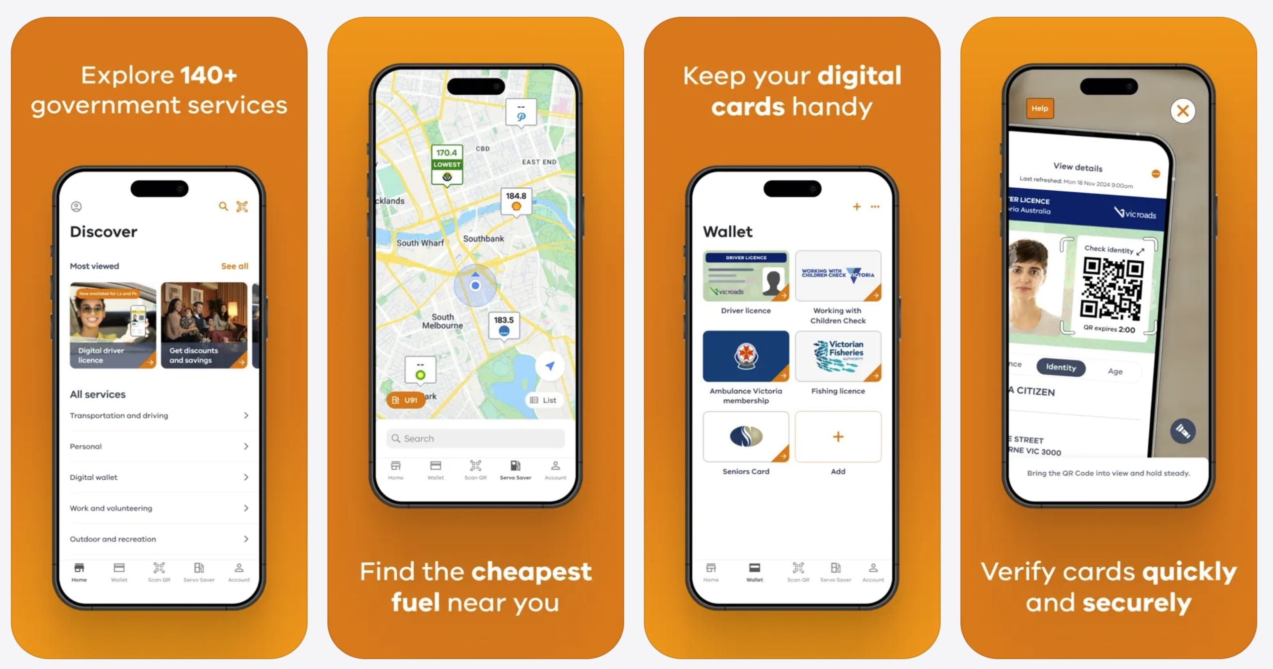 Four phone screenshots on orange background of a services app: discover menu, fuel map, digital wallet and QR ID