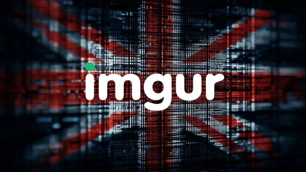 White Imgur logo with green dot centered over a pixelated digital Union Jack flag background.