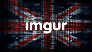 White Imgur logo with green dot centered over a pixelated digital Union Jack flag background.