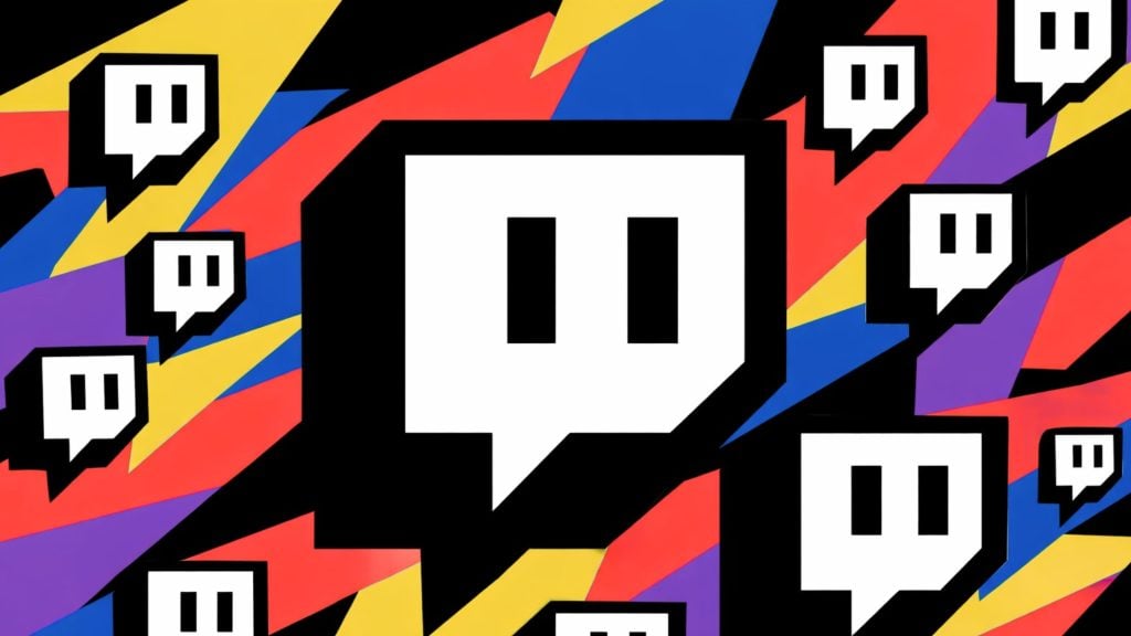 White Twitch chat-bubble logos with black outlines repeated across a colorful jagged red, yellow, blue, and purple background