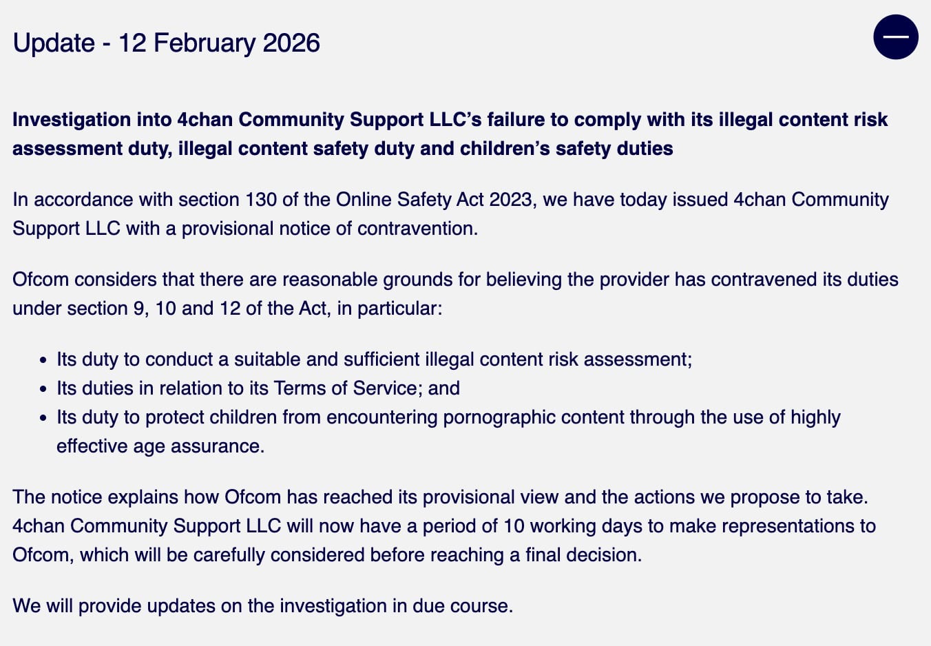 Ofcom update (12 Feb 2026) announcing provisional notice to 4chan over illegal content risk and child safety duties.