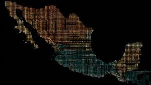 Stylized dotted silhouette of Mexico in orange and teal on a black background