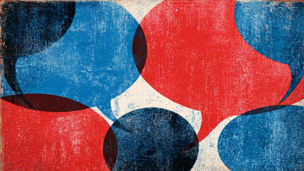 Grainy red and blue overlapping speech-bubble shapes with dark navy oval overlaps on a speckled off-white background.