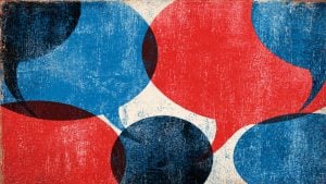 Grainy red and blue overlapping speech-bubble shapes with dark navy oval overlaps on a speckled off-white background.