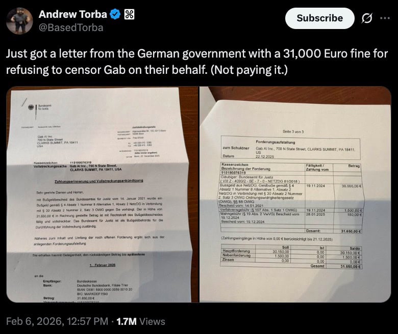 Screenshot of a post claiming a €31,000 German fine, showing two photos of the official-looking letter and a timestamp.