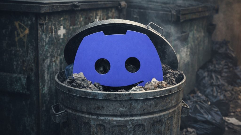 Large blue Discord logo cutout sitting in a rusty metal trash can amid crumpled garbage in a grimy alley.