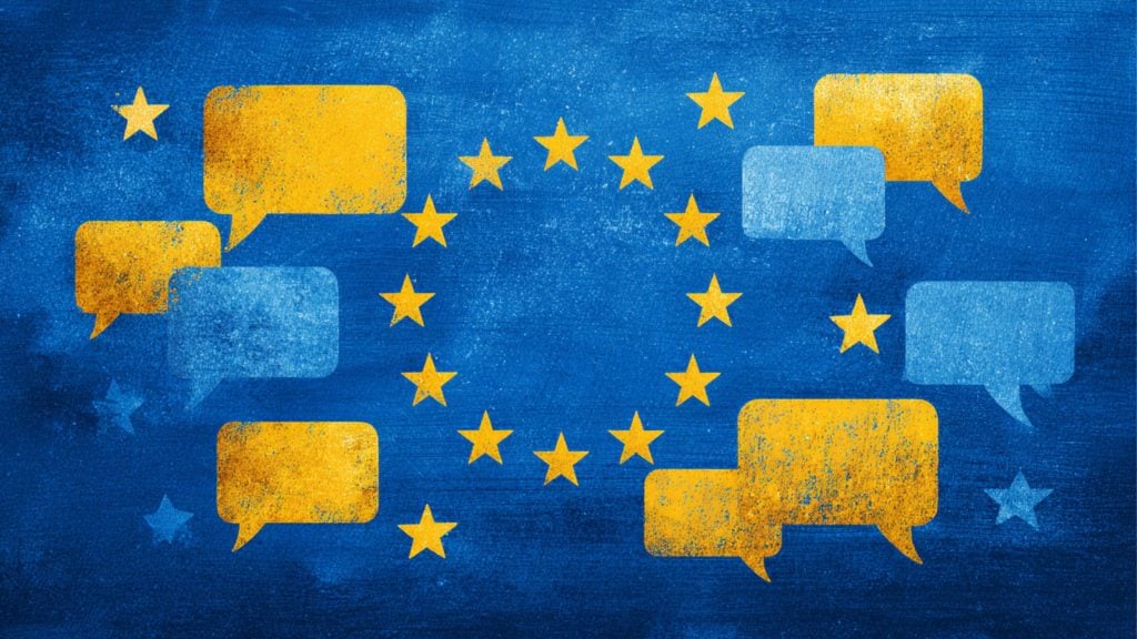 EU flag with 12 yellow stars and yellow and blue speech bubbles around the circle, symbolizing discussion