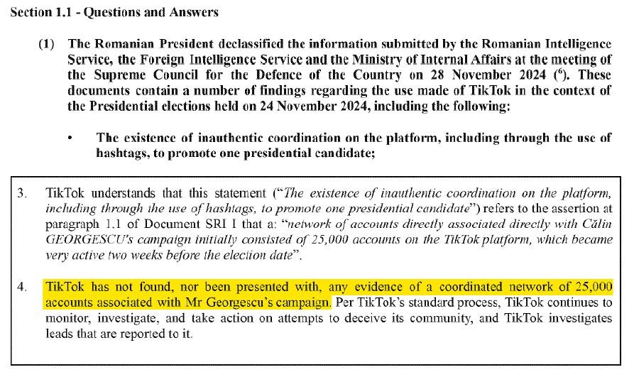 Highlighted document sentence: TikTok found no evidence of a coordinated 25,000-account network linked to Georgescu.