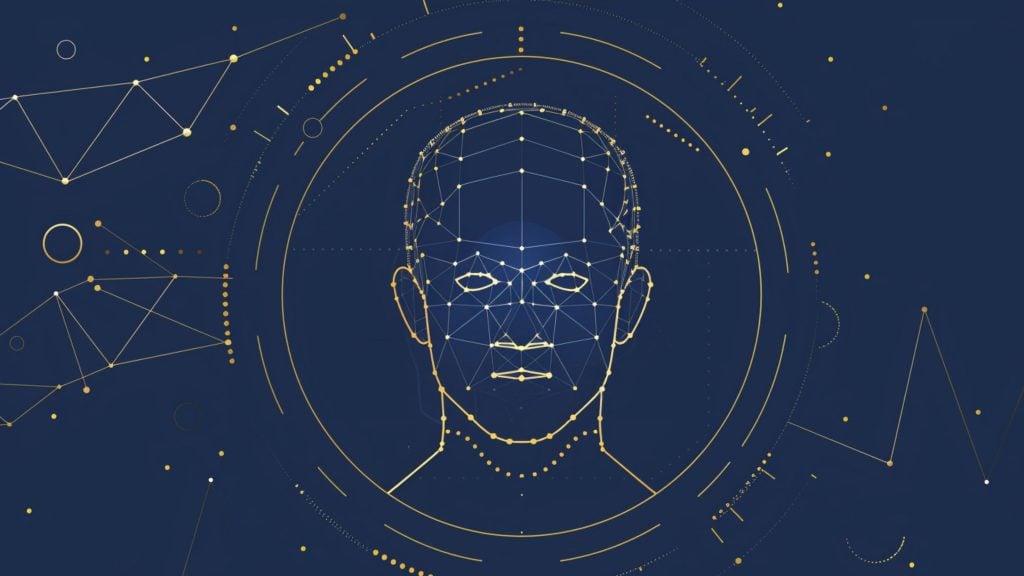 Wireframe human face formed by gold nodes and lines on dark blue, centered in circular HUD elements and geometric shapes.