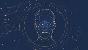 Wireframe human face formed by gold nodes and lines on dark blue, centered in circular HUD elements and geometric shapes.