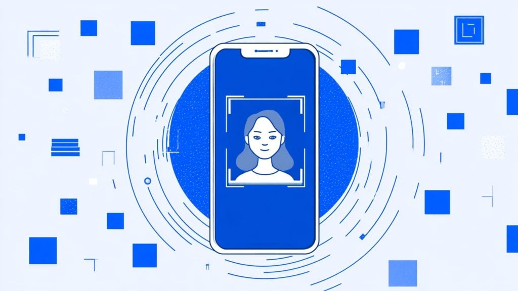 Smartphone screen showing a stylized woman's headshot framed for facial recognition, with concentric circles and scattered blue squares