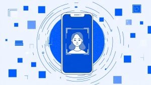Smartphone screen showing a stylized woman's headshot framed for facial recognition, with concentric circles and scattered blue squares