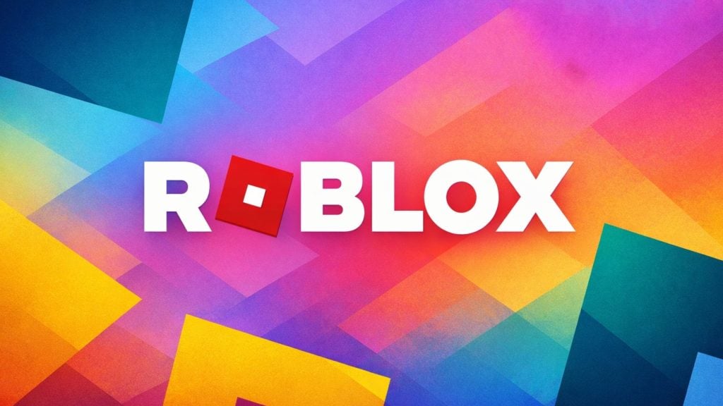Roblox logo with bold white letters and a tilted red square as the O over a vibrant gradient of colorful geometric shapes