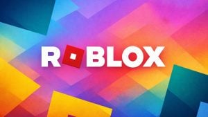 Roblox logo with bold white letters and a tilted red square as the O over a vibrant gradient of colorful geometric shapes