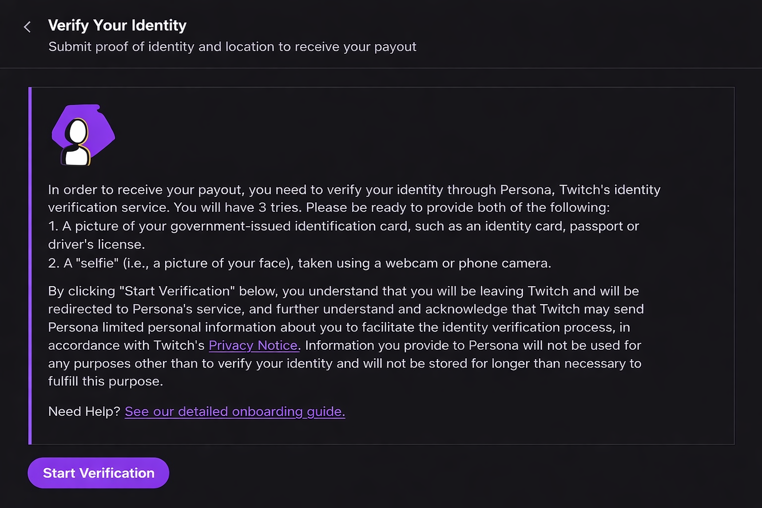 Twitch verification prompt Verify Your Identity requesting government ID and selfie via Persona, with a Start Verification button.