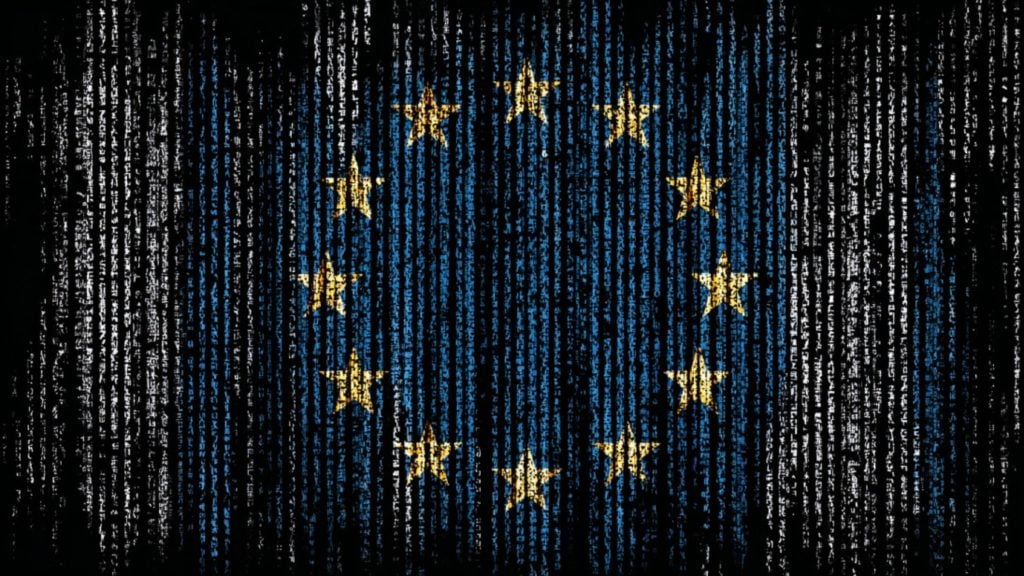 European Union flag formed from vertical code-like text stripes, showing twelve gold stars in a circle on blue