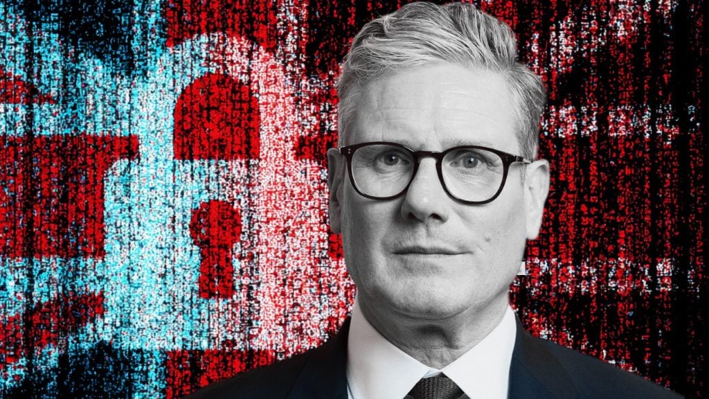 Starmer with glasses and a stern expression against a red-blue glitchy background with a padlock symbol.