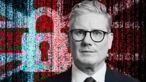 Starmer with glasses and a stern expression against a red-blue glitchy background with a padlock symbol.