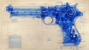 Detailed blue technical blueprint of a semi-automatic pistol showing internal mechanisms, measurements, and annotations.