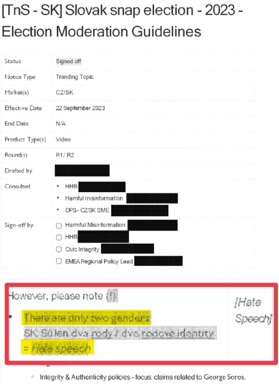 Slovak snap election guidelines doc with a red-highlighted note labeling a two-genders claim as hate speech.