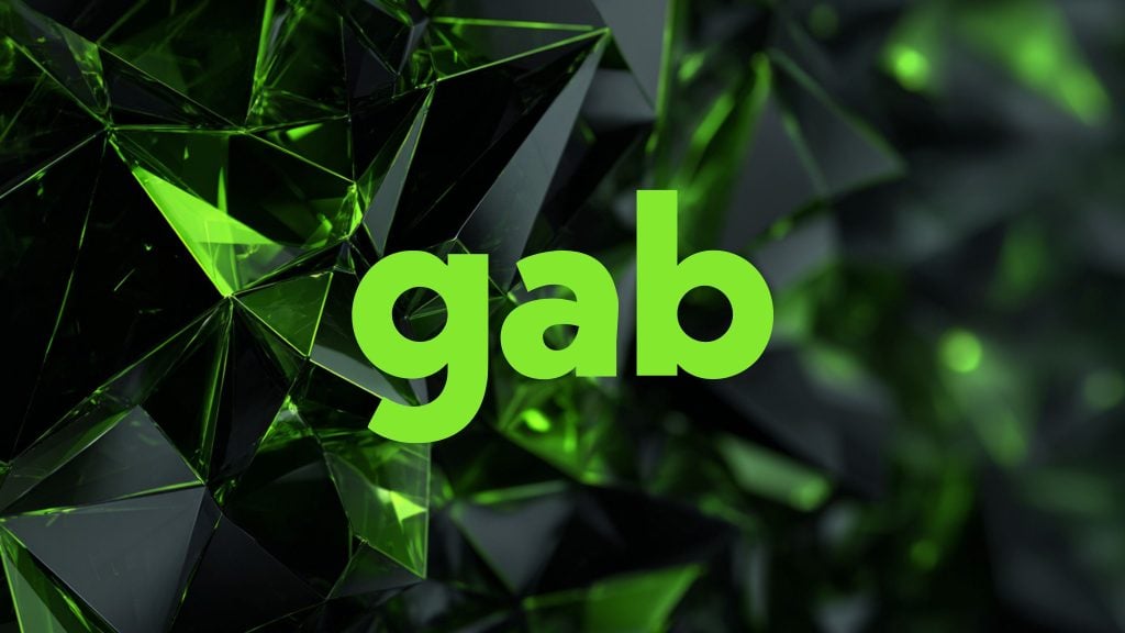 Large bright green gab text centered over a dark, faceted green-black crystalline background.