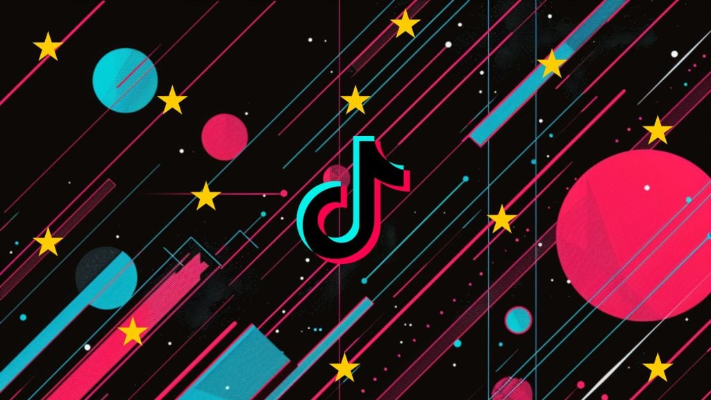 TikTok logo centered on black cosmic background with pink and cyan diagonal streaks, planets, and scattered yellow stars.