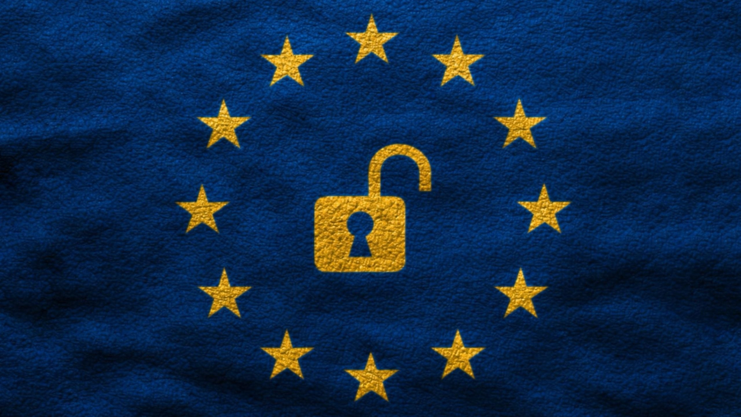 European Union flag with twelve gold stars encircling an open padlock icon on a textured blue field.