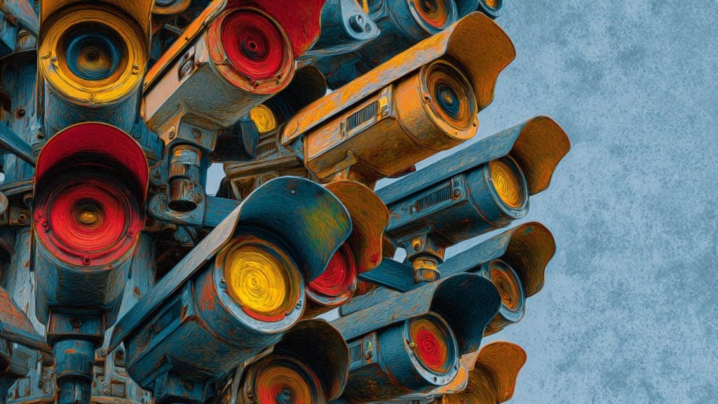 Cluster of surveillance cameras with red and yellow lenses in a stylized painted effect against a blue textured background.