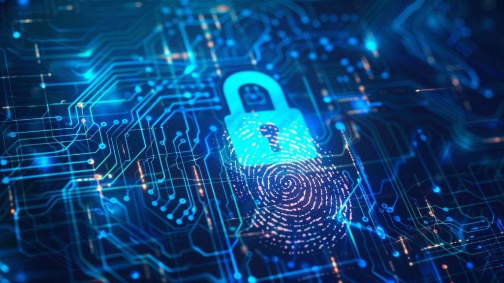 Glowing blue padlock with a fingerprint overlay on a circuit-board background, representing biometric cybersecurity.