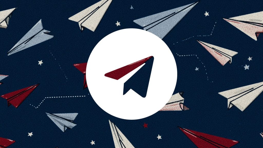 Red and navy paper airplane icon inside a white circle over a navy background with scattered paper planes and stars.