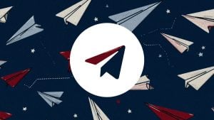 Red and navy paper airplane icon inside a white circle over a navy background with scattered paper planes and stars.
