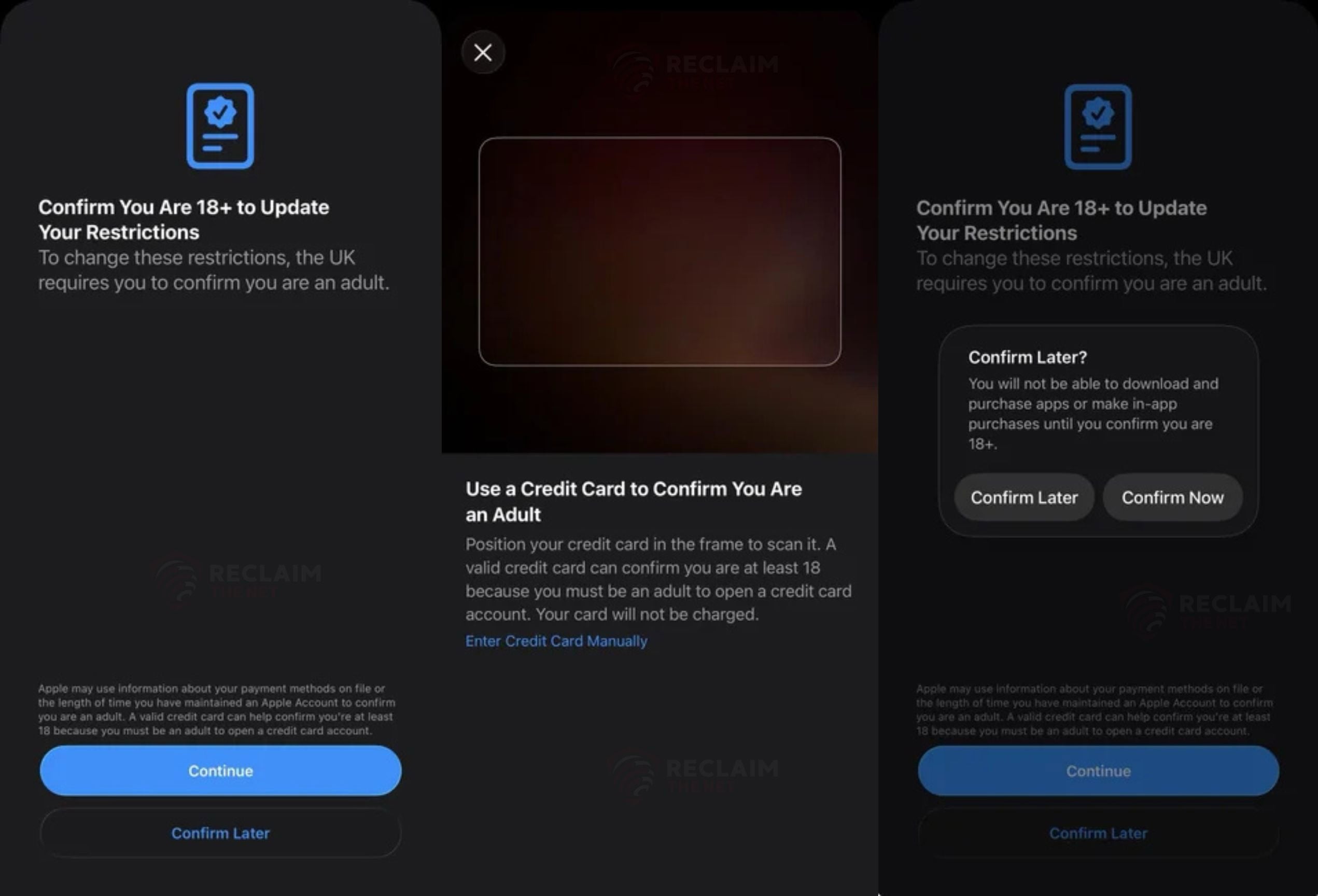 App screens prompting users to confirm they're 18+ by scanning or entering a credit card, showing Continue, Confirm Later.