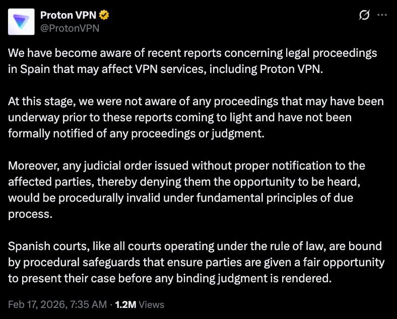 Proton VPN tweet warning reports of Spanish legal proceedings that may affect VPN services and asserting they weren't notified.