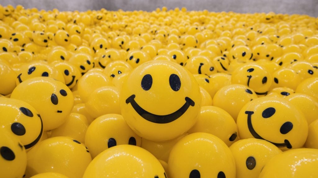 Bright yellow smiley-face balls piled densely, with one larger, centered ball prominently smiling.